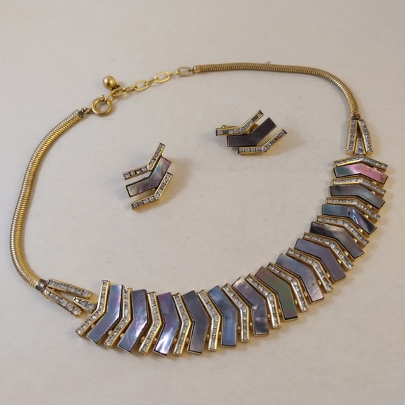 Art Deco Vintage Sheiber&Hiller DoSo Mather Of Pearl Necklace and Earring Set - Picture 8 of 16